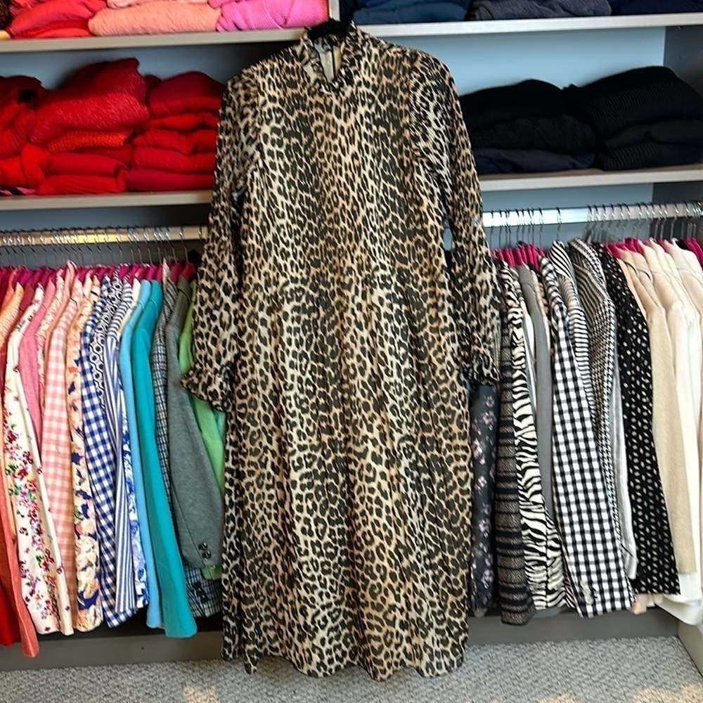 Ganni black/briwn/tan leopard long sleeve oversized dress size 2
